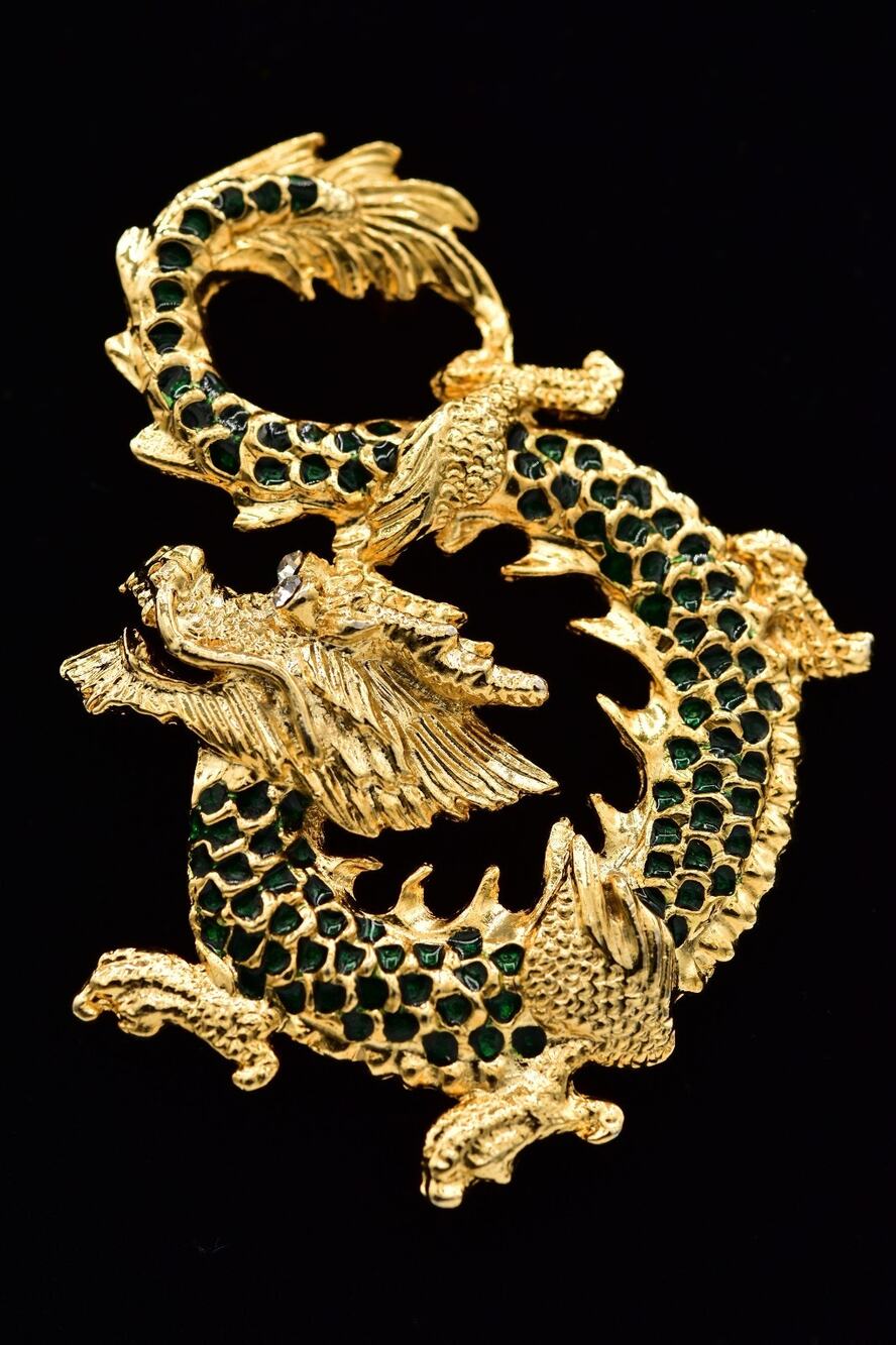 Vintage Green Enamel Chinese Dragon Brooch Pin Rhinestone Gold Statement BinAT